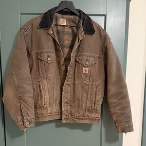 Distressed Carhartt Men's Tan Jacket with Black Collar